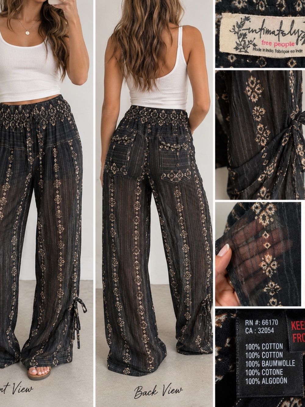 Free People Black Floral-Print Wide Leg Pants